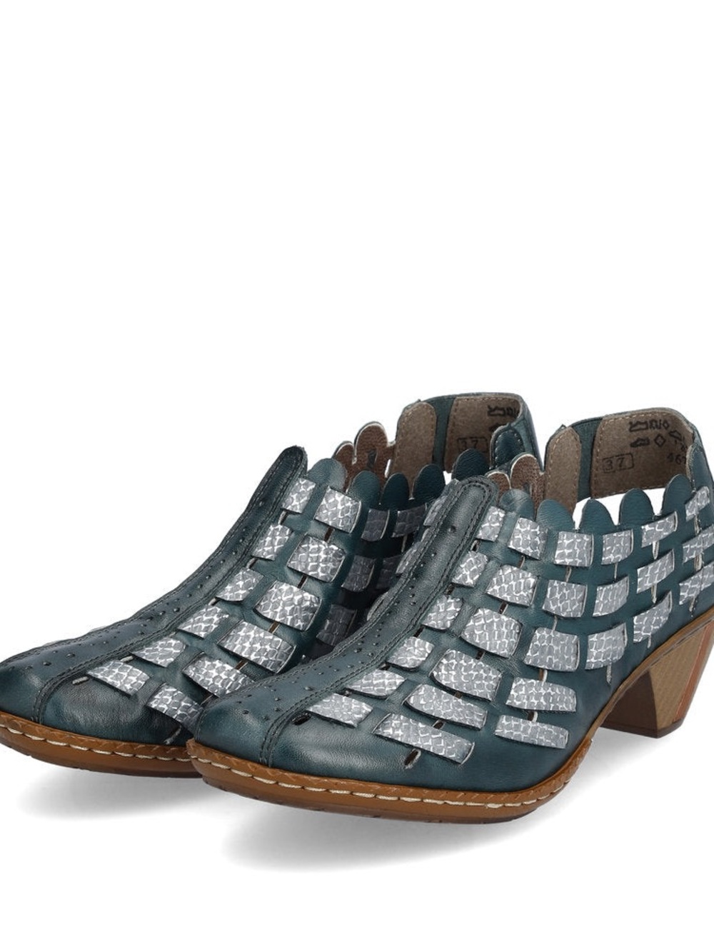 Rieker Teal Leather Woven Cutout Heeled Clogs with Silver Accents